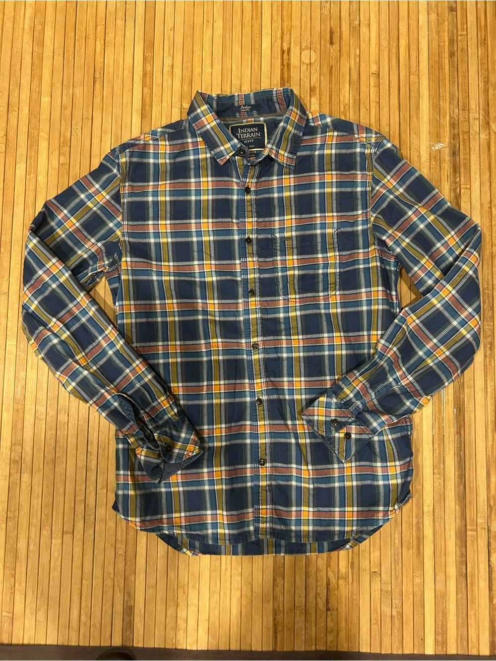Indigo Terrain Sz M Blue & Orange Plaid Indigo Chiseled Cotton Botton Down Shirt